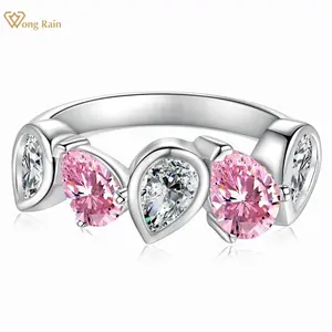 Wong Rain Romantic 925 Sterling Silver Pear 5×7mm Lab-Created Sapphire Ring for Women, Fine Jewelry Wedding Band