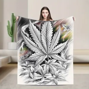 Black White Botanical Leaf Blanket, Soft Flannel Throw Blanket with Abstract Plant Leaf Print, Cozy Aesthetic Room Decor for Women Men Teens, Boho Blanket for Bed Couch Sofa Bedroom Dorm, Lightweight Warm Blanket for Movie Night and Napping