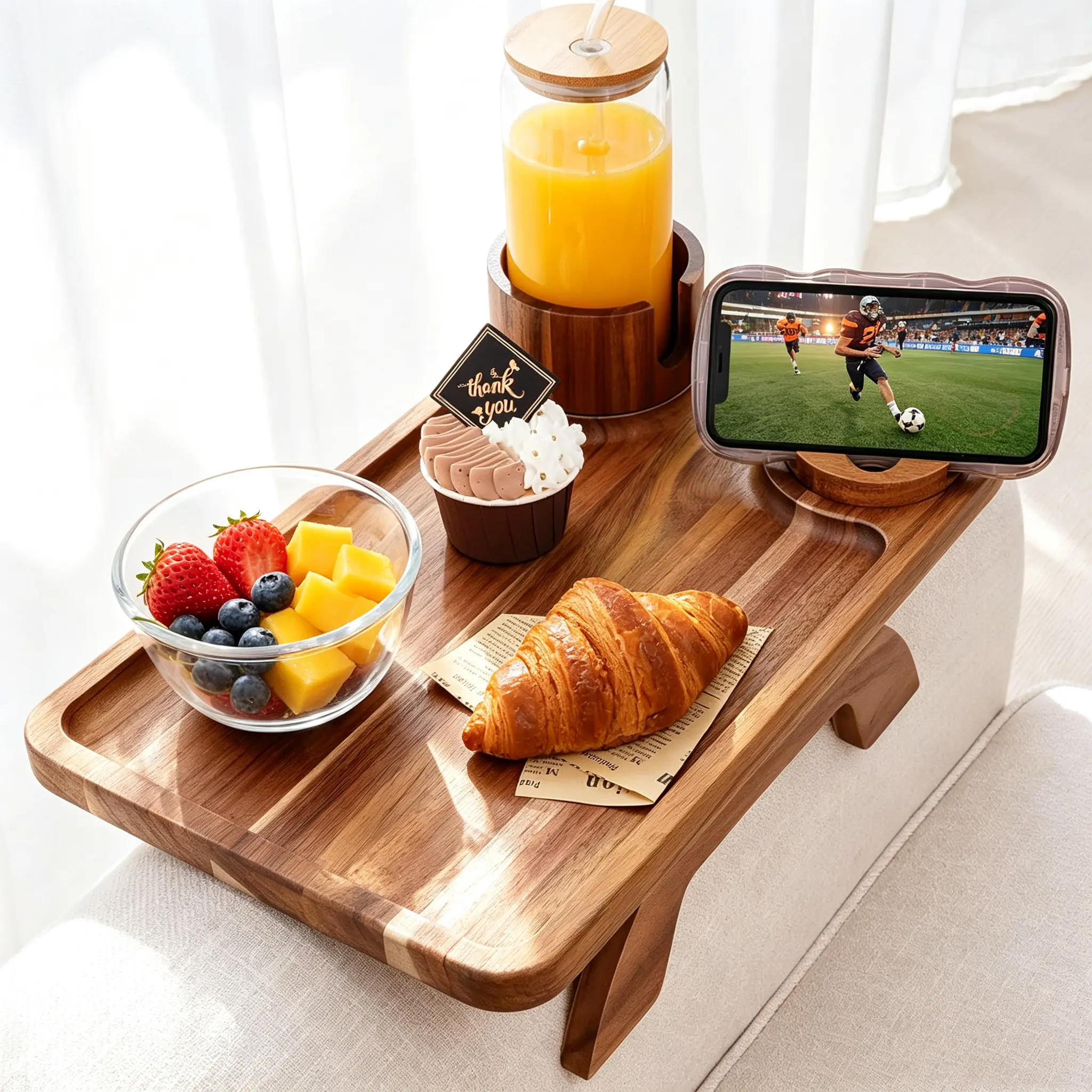 Sweetcrispy Acacia Wood Grain 3-in-1 Spring-Loaded Couch Arm Tray Table - Clip-On Sofa Accessory with Anti-Slip Pads, Stable Surface, Cup Holder, 360° Rotator Phone Holder, Ideal for TV Watching, Thoughtful Gift, Rectangle Wood Table, Fits 13.7" Arms