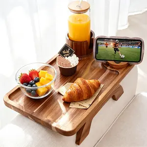Sweetcrispy Acacia Wood Sofa Armrest Table - 3-in-1 Clip-On Tray with Stable Surface, Cup Holder, 360°Rotatable Phone Holder for Sofa Snacking, TV Watching