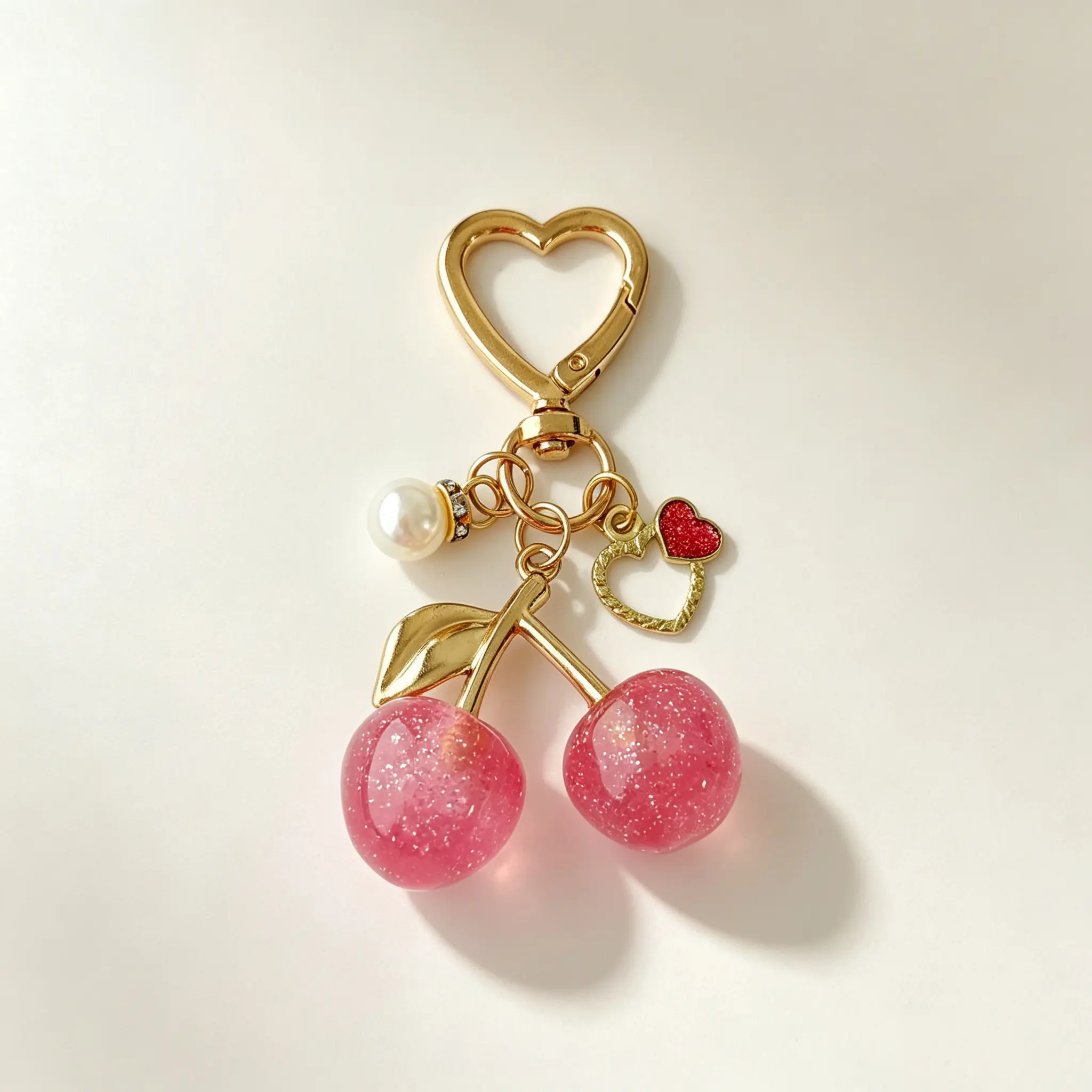 Cherry Flower Keychain for Women, Cute Glitter Cherry Charms, Heart Carabiner Key Ring, Aesthetic Bag Purse Charm, Mother's Day Gift, Best Gift, Keychain for Bags, Bag Key Accessory
