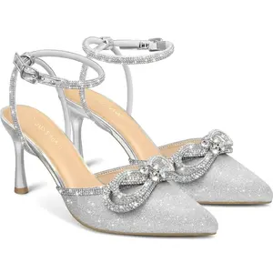 Women's PIZZ ANNU Destiny Heeled Pumps - Rhinestone-Strapped, Pointed Toe, Flare High-Heel, Formal Elegant Party Footwear, Girl's Graduation Shoes for Summer