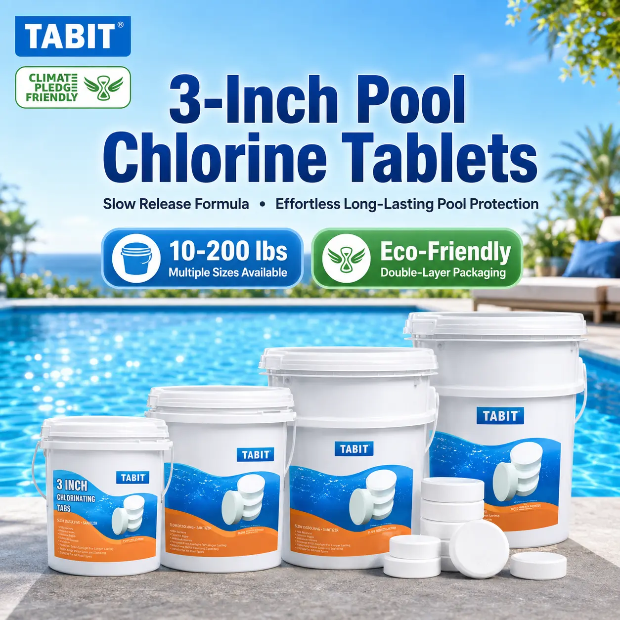 TABIT 3-Inch Pool Cleaning Chlorine Tablets, Slow-Dissolving Easy-to-Use Tabs for Pools, Hot Tubs & Spas - Powerful Disinfection, Kills Harmful Contaminants, Extended Sanitization Protection