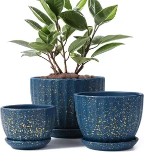 3 Pack Ceramic Plant Pots with Drainage Holes and Saucers, Round Blue Flower Pots for Indoor Plant, 3.3/4.3/5.5 Inches