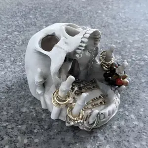 Gothic Halloween Skull Decor Jewelry Storage Box, Multi-Compartment Design with Hooks and Lining, Resin Desktop Organizer for Rings Earrings Necklaces