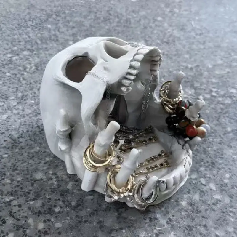 Gothic Halloween Skull Decor Jewelry Storage Box, Multi-Compartment Design with Hooks and Lining, Resin Desktop Organizer Ring Holder for Rings Earrings Necklaces Decoration