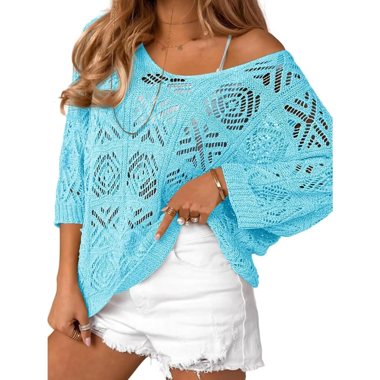 Imily Bela Womens Crochet Cover Up Top Summer 3/4 Sleeve Off Shoulder Sweater Shirts Mesh Boho Beach Swimsuit Coverup