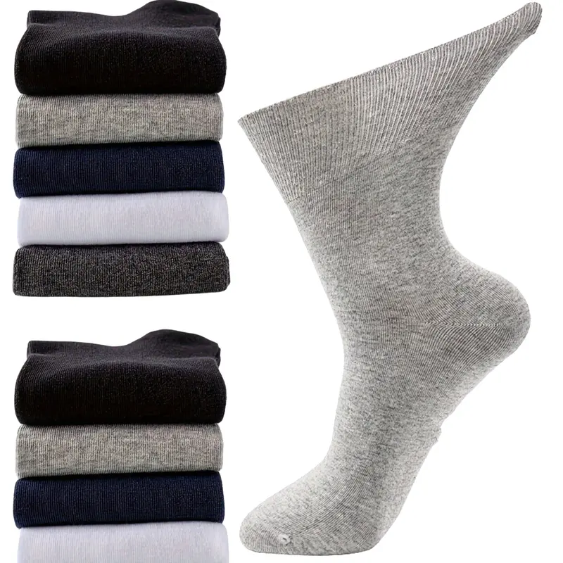 10 Pairs Men's Mid-calf Diabetic Socks , Non-binding Circulatory Crew Socks, Casual Fashion Socks, Casual Comfy Breathable Plain Socks for Daily Wear, Men's Socks for All Seasons, Socks for Men