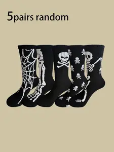 5 Pairs Halloween Skeleton Ghost Claw Socks, Funny Cartoon Mid-Calf Socks, Soft Warm Long Socks for Spring & Fall, Perfect for Holidays