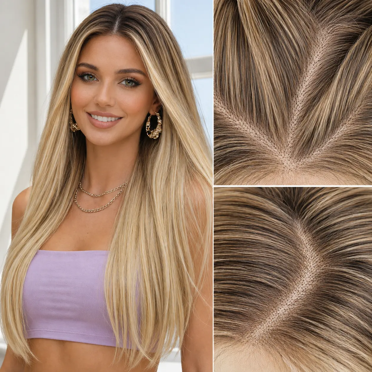 [AISI HAIR] 5X7  Ombre Blonde Straight Lace Front Wig for Women Synthetic Pre Plucked Blonde Glueless 22inch Wig With Baby Hair for Beginner Friendly