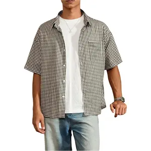 A Man's WardrobeA Man's WardrobeGORGLITTER Men's Plaid Button Up Crop Top Shirt Gingham Short Sleeve Tee Shirts Mocha Brown Small
