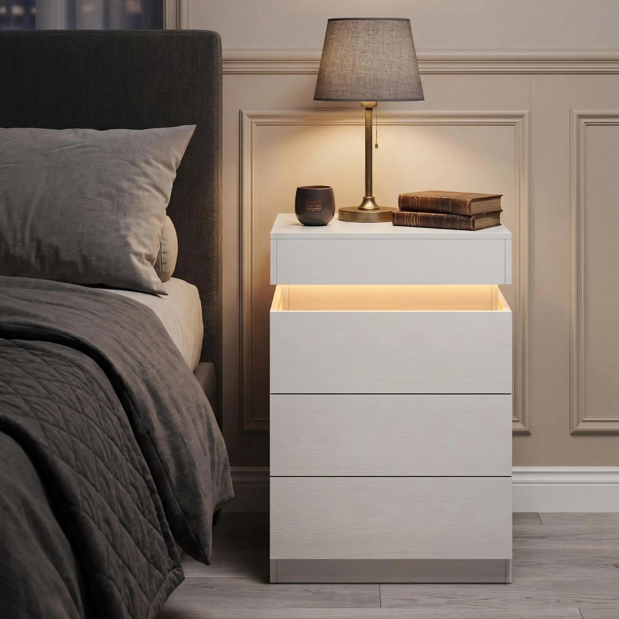 White Nightstand with Charging Station | Led Nightstand with Sliding Top,Night Stand with Drawers,Modern End Table Side Table