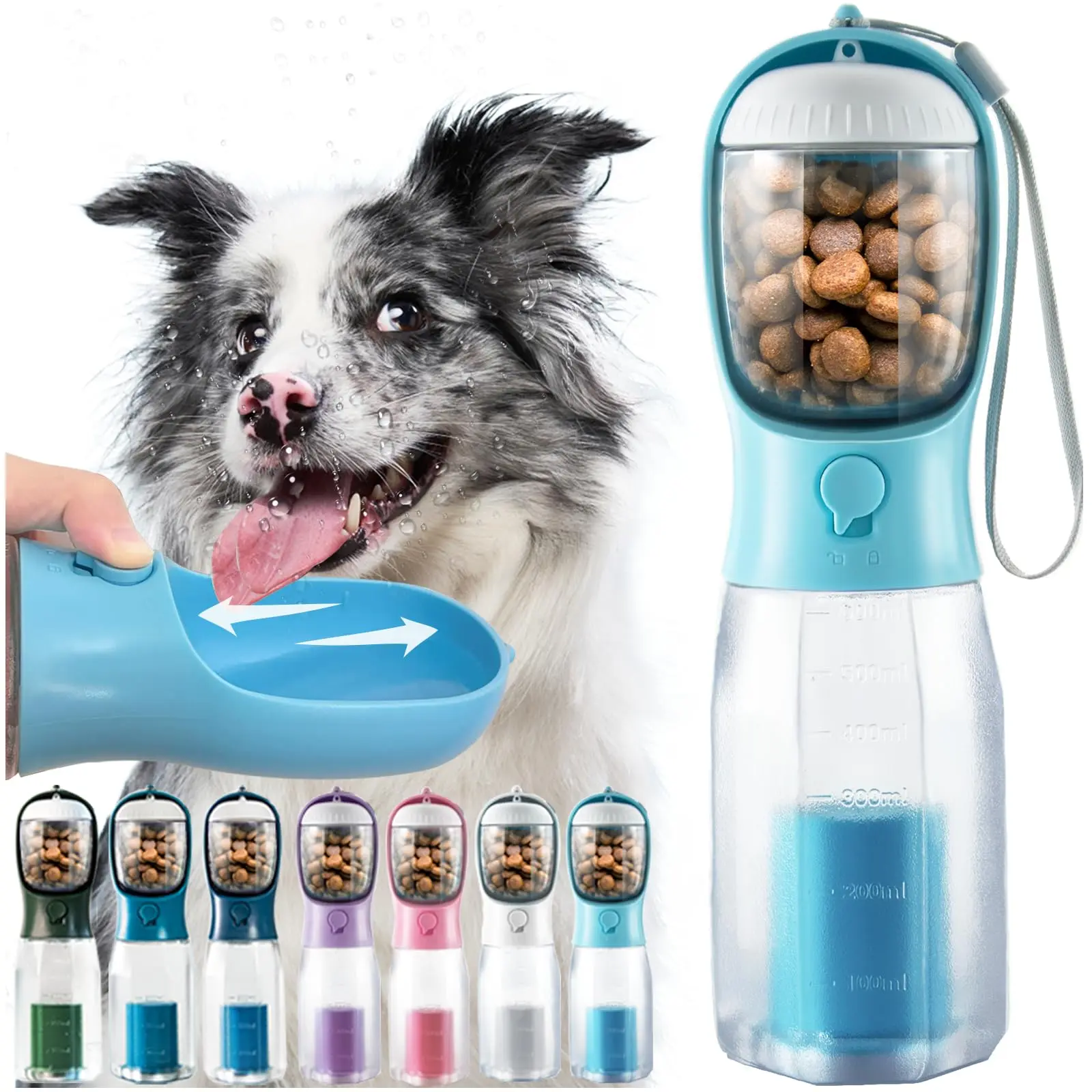 20 oz Dog Portable Water Bottle Tumbler - ABS+PC 3-in-1 Pet Travel Bowl Dispenser with 100g Snack Compartment, Built-in Poop Bag Dispenser, Effortless Operation, Bag-Pull Cleanup, 212℉ Dishwasher Safe for Walks, Hikes