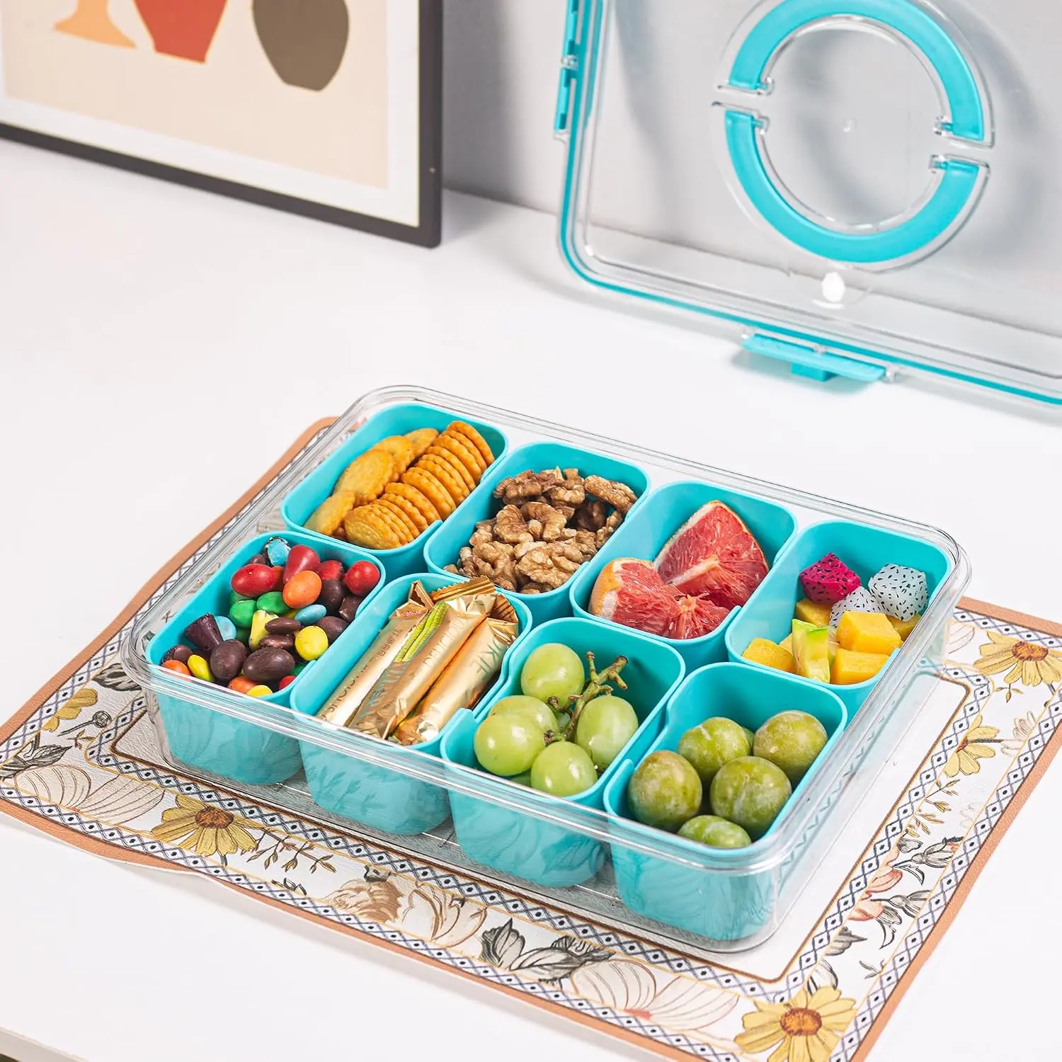 Divided Serving Tray with Lid and Handle - Snackle Box Charcuterie Container for Portable Snack Platters - Clear Organizer for Candy, Fruits, Nuts, Snacks - Perfect for Party, Entertaining