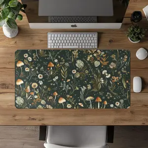 Botanical Mushroom Desk Mat, Cottagecore Mouse Pad, Dark Academia Desk Pad, Cottagecore Wildflowers, Black Aesthetic Mousepad, Desk Decor