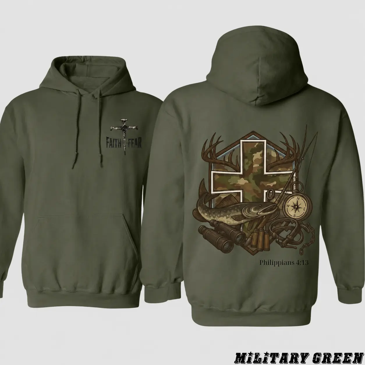 Faith Over Fear Christian Hunting Hoodie, Philippians 4:13 Camo Cross Fishing & Deer Graphic Hoodie, Outdoor Gift for Men
