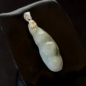 Natural Green Jade Jadeite Carved 'Bean' Pendant, Free Necklace
