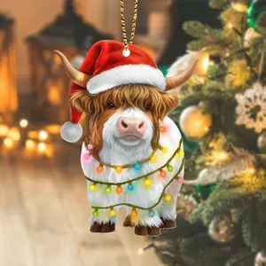 Highland Cow Christmas Ornament, Cute Farm Animal with Santa Hat and Lights Ornament