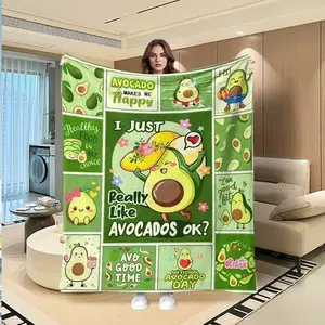 Cute Avocado Plush Slogan Print Food Themed Blanket, Cartoon Pattern Blanket, Cartoon Avocado & Sweet Quotes, Soft Healing Digital Print Flannel Throw, Valentine's Day Gift, Multi-Purpose Rug