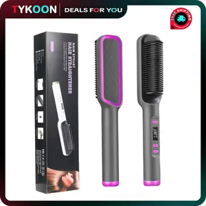 Hair Straightener Brush with LCD Display, 10s Fast Heating, Negative Ions, 5 Heat Settings, Anti-Scald Design, Salon-Grade Straightening Comb for Women & Men - Smooth