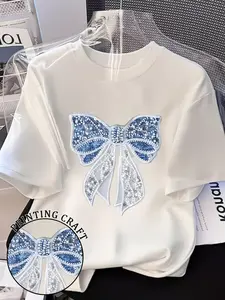 Sparkly Rhinestone Bow Print Graphic Tee Womens Cute Y2k Short Sleeve Crewneck Soft Stretch Casual Top For Going Out Party Date Night Streetwear