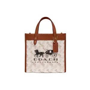Coach Field 22 Classic Carriage Print Tote Bag for Women, Coated Canvas and Leather, Brown and White