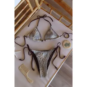 Women's Morning Macchiato Brown Bikini Top, Matching Tie-Back V-Shape Wire-Free Bikini Bottoms (Sports & Outdoor Swimwear), Tie-Back Bikinis Bottoms, V-Shape Bikinis Bottoms