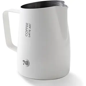 Professional Angled Spout Milk Frothing Pitcher - 14oz Effortlessly Create from Hearts to Rosettas, Stainless Steel Milk Frother Cup Espresso Steaming Pitcher for Barista,  (White)
