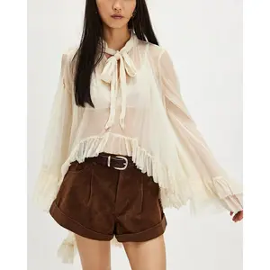 Women's Ruffled Tops Bow Tie Design Stylish Solid See Through Loose Fit V Neck Long Sleeve Blouses Perfect for Summer