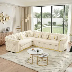 110.5" Luxury Italian Velvet L-Shape Chesterfield Sectional Sofa, Oversize Tufted Couch with Gold Stainless Steel Decor and 7 Pillows