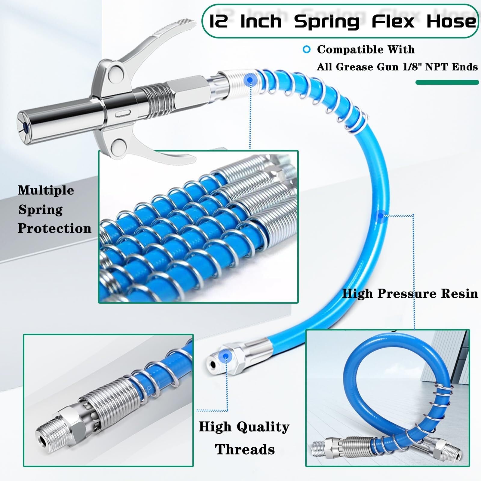 Locking Grease Gun Coupler with Flexible Hose, Leak-Proof Quick Release 6-Jaw Grease Gun Tip for 1/8" NPT Fittings, Rated 10000 PSI for Manual Pneumatic Battery Grease GunsAdjustable Stainless Steel Tool Set