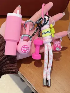 Trendy Gym Themed Keychain with Mini Tumbler, Dumbbell & Kettlebell Charms, Braided Rope, Durable Key Holder for Fitness Fans, Keychain Accessories