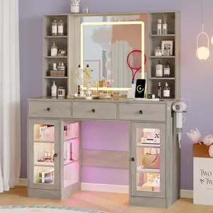 Modern LED Vanity Desk with Mirror, RGB Lighted Drawers & Glass Top, Makeup Table with Power Outlet, Storage Shelves & Cabinets for Bedroom, White