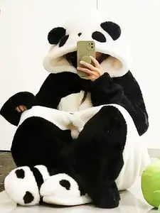 Ladies' loose pajamas, cute black and white panda robe for autumn and winter, one-piece design, Long Sleeve, loose and thick comfortable cotton velvet, soft and skin-friendly pajamas, suitable for outdoor wear, warm home wear, Loungewear