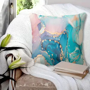 Blue Pink Gold Fluid Art Throw Pillow with Insert, 45cm Square Zipper Closure, Tiffany Blue Light Pink Gradient Fluid Diffusion Effect, Soft Comfortable for Bedroom & Sofa Cushion, Modern Luxury Room Decor