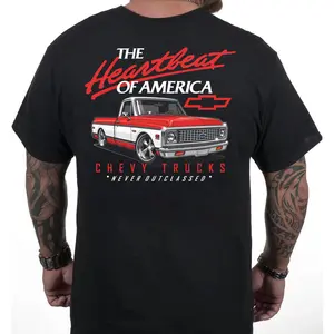 Men's Classic Menswear Shortsleeve Crewneck Tee - Vintage Red Chevy 'Never Outclassed' Graphic, Heather Rust Breathable Cotton, Black Hem, Polyester Simple Loose Streetwear Biker Top, Made in USA Old School Legend Casual Shirt