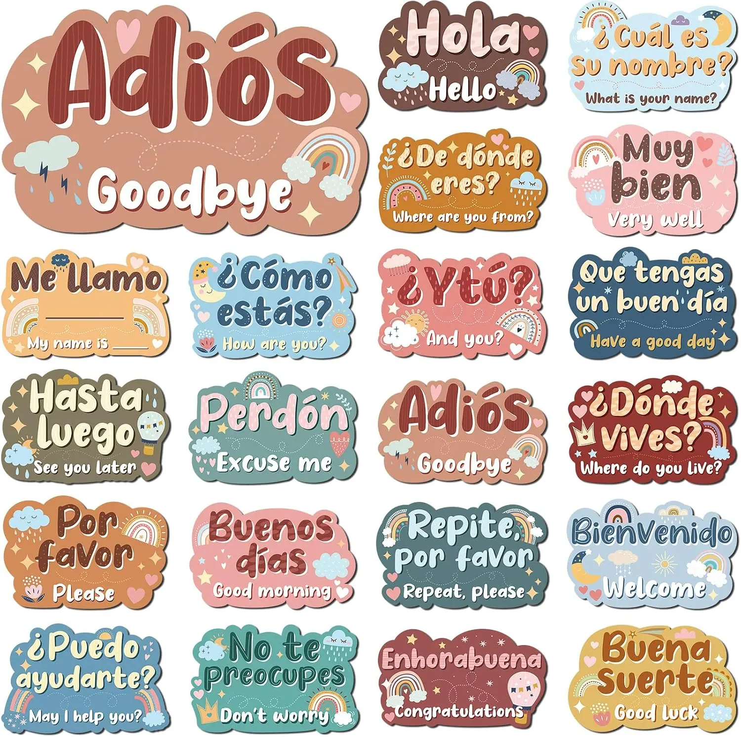 Pasimy 20 Pcs Spanish Poster for Classroom Education Spanish Poster,Boho | Spanish Phrases Posters Education Bulletin Board Decor for Teachers, Primary and Preschool Español Language Learning