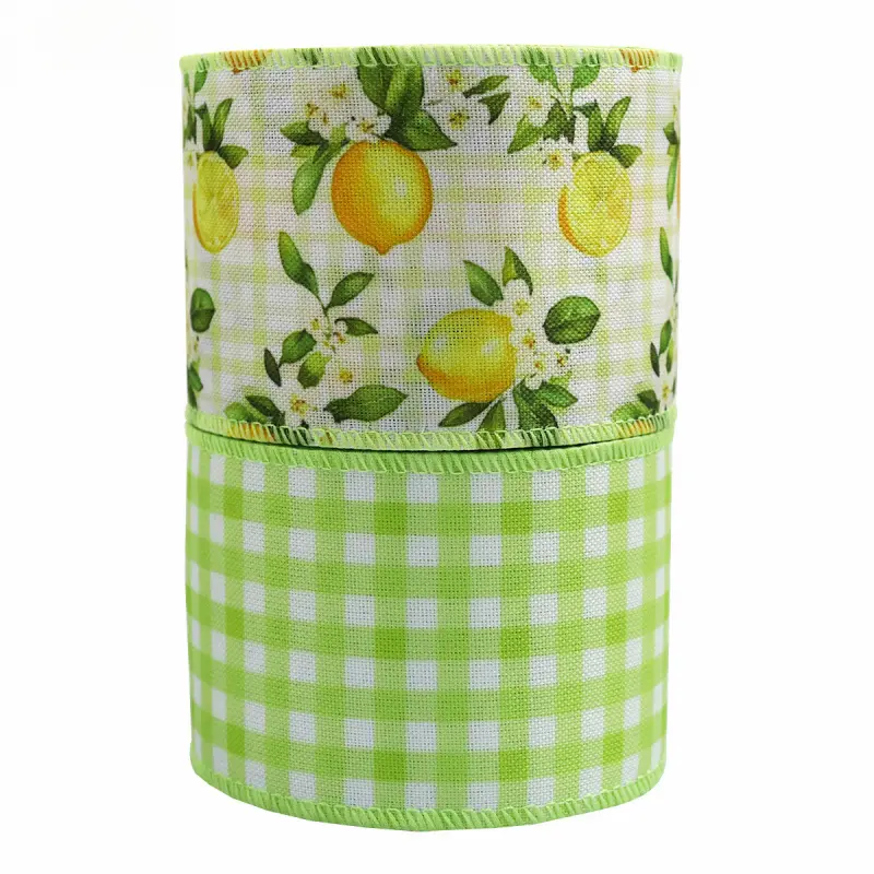 2PCS Spring Wired Ribbon Design Set  Blue Floral, Green Plaid & Lemon Print Ribbon for Gift Wrapping, Easter Decor, Wreaths, Bows, Flower Bow & DIY Crafts Decorative Bow