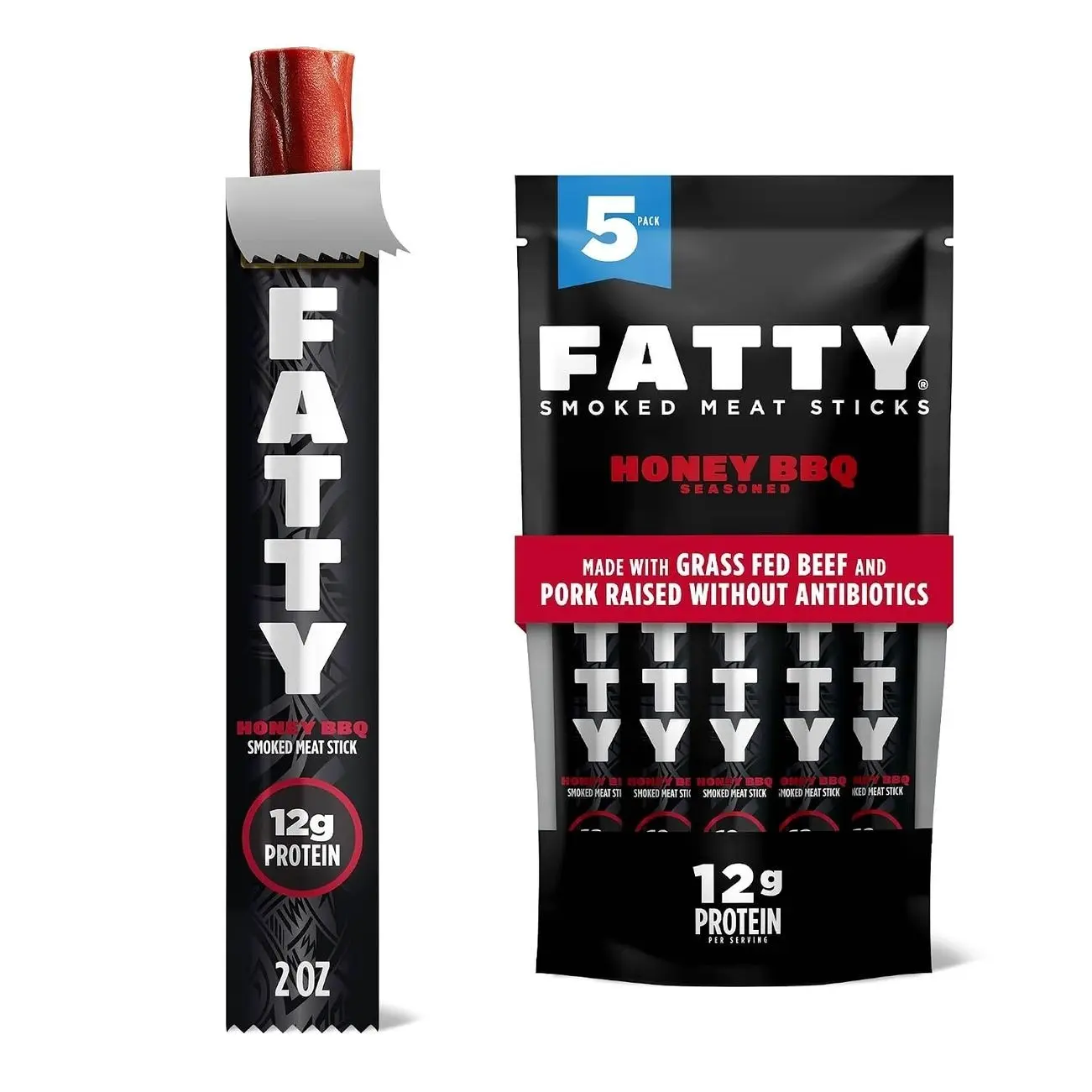 FATTY Meat Sticks, Made with Grass Fed Beef, Pork Raised Without Antibiotics, 12g Protein Per Stick, Honey BBQ, 2 oz. (Pack of 5)