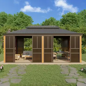 12' x 10'-12' x 20' Hardtop Gazebo Sunroom with Sliding Doors, Aluminum Patio Solarium with Galvanized Steel Double Roof, All-Season Garden Houses for Backyard, Garden, Deck, 4 Sizes Available