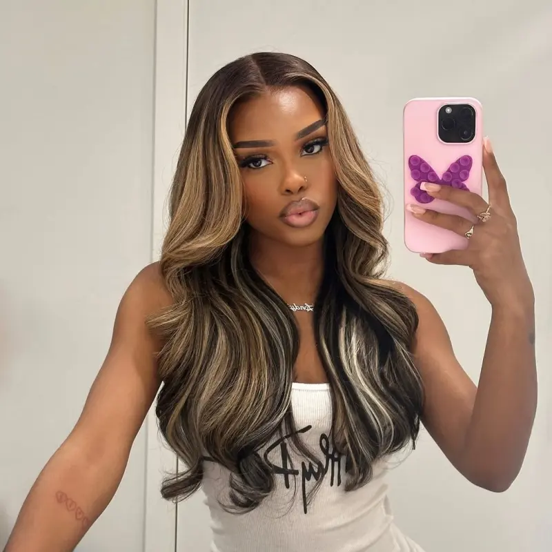 Arabella P2/27/1B/613# With 2# Dark Roots Honey Blonde & Platinum Blonde Highlighted Balayage 13x6 Glueless Wig Loose Body Wave 100% Human Hair Pre-Cut Beginner Friendly Lace Frontal Wig