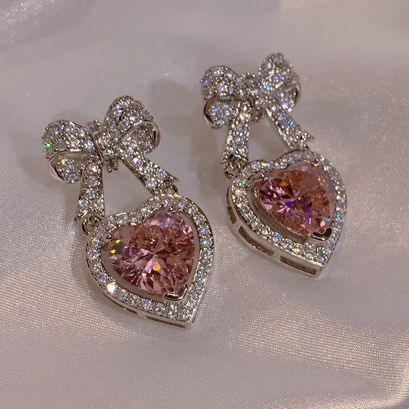 FashionUS - Exquisite Pink Heart Shape Bowknot Stud Earrings For Women Shining CZ Zircon Love Earring Girl Wedding Party Temperament Jewelry