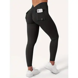 Women's V-back leggings with pockets, exercise leggings, abdominal control, hip lifting, gym yoga leggings tight fitting pant