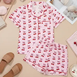 Women’s Y2K Cute Monkey Print Pajama Set – Preppy Button-Down Shirt & Shorts, Summer Loungewear, Beach Vacation Outfit