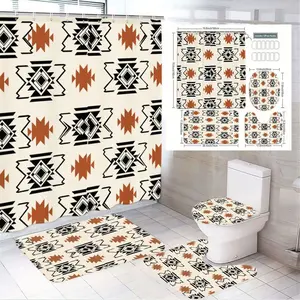 1/4pcs Southwestern Native American Geometric Bathroom Set 4-Piece - Black White Terracotta Shower Curtain 72"x72" + Toilet Cover + 2 Rugs, Shower Curtain Sets, Cozy Boho Modern Decor for Spring Easter Bathroom Decor, Festival Housewarming Gift
