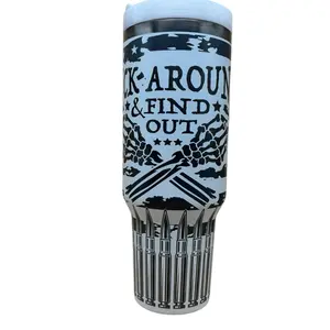 William's Laser Works 40oz Tumbler F** Around & Find Out Design Laser-Engraved Bullet Graphics Ice-Cold Hot Drinkware Powder-Coated Finish Portable Reusable Beverage Flasks Mug Bottled