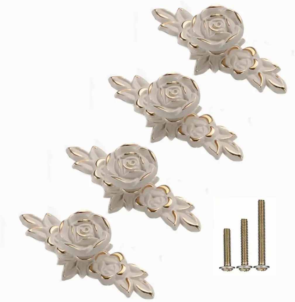 4 Pcs Euro Ro Cabinet Knobs with Backplate, 102mm Vinta inc Alloy Flower Drawer Pull Handles for Dresr Vanity Nightstand Cupboard (4.0" Ivory White & Gold E)