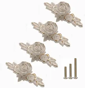 4 Pcs Euro Ro Cabinet Knobs with Backplate, 102mm Vinta inc Alloy Flower Drawer Pull Handles for Dresr Vanity Nightstand Cupboard (4.0" Ivory White & Gold E)