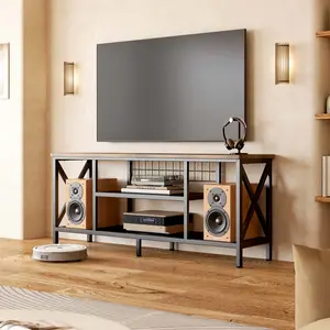 Gizoon 59.8" Industrial TV Stand for 55-65 Inch TVs Rustic Brown 3-Tier Media Entertainment Center with Open Shelves Metal Frame Sofa Table for Living Room Bedroom Office