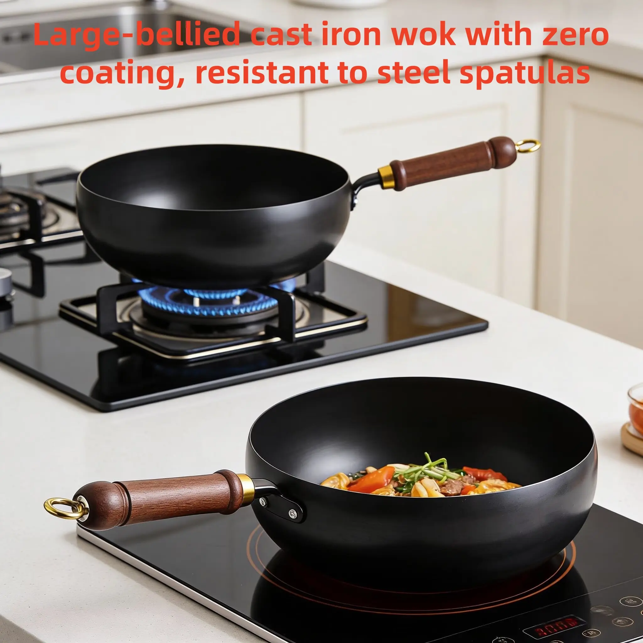 Zhongchu Round Bellied Cast Iron Wok - Official Flagship Store Authentic Non Stick Cookingware with Lid, Old-Style Pan for Home Use